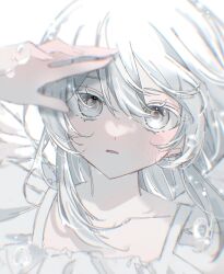 Rule 34 | 1girl, bubble, collarbone, colored eyelashes, commentary request, dot nose, dress, expressionless, frilled dress, frills, grey eyes, hair between eyes, hand on own head, highres, light blush, light frown, light particles, long hair, looking at viewer, open mouth, original, shia (uru u00), solo, square neckline, upper body, water drop, white background, white dress, white hair