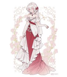 Rule 34 | 1girl, bare shoulders, bow, breasts, cleavage, commentary, commission, detached collar, double-parted bangs, dress, flower, frilled dress, frills, full body, gem, gradient clothes, gradient dress, hair between eyes, hair flower, hair ornament, lemon89h, long dress, looking at viewer, original, pink flower, pink nails, pointy ears, red bow, red gemstone, rococo movement, solo, standing, white hair, yellow eyes