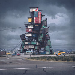 american_flag car cloud cloudy_sky grass highres house motor_vehicle mountainous_horizon no_humans official_art pickup_truck power_lines road scaffolding simon_stalenhag sky the_electric_state truck