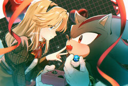 1boy 1girl animal_ears balloon black_fur black_hair black_jacket blonde_hair blue_eyes blurry blurry_background bow bowtie candy couple feeding food furry furry_female furry_with_non-furry gloves grid_background hairband heart_balloon hetero highres holding holding_candy holding_food interspecies jacket looking_at_another maria_robotnik plaid_clothes red_bow red_bowtie red_eyes red_ribbon ribbon shadow_the_hedgehog shirt signature sonic_(series) tondamanuke upper_body white_background white_gloves white_shirt