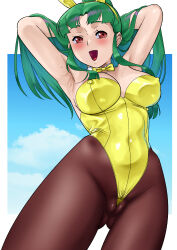1girl animal_ear_hairband animal_ears black_pantyhose blue_sky bow bowtie breasts cloud covered_erect_nipples cowboy_shot detached_collar fake_animal_ears fubuki_kyouko green_hair hairband highres large_breasts leotard long_hair matsuda_shin pantyhose plawres_sanshirou playboy_bunny rabbit_ears red_eyes skindentation sky smile solo strapless strapless_leotard wedgie yellow_bow yellow_bowtie yellow_leotard
