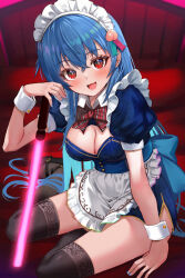 Rule 34 | 1girl, apron, black thighhighs, blue dress, blue hair, bow, bowtie, breasts, cleavage, dress, ebi 193, energy sword, highres, hinanawi tenshi, indoors, large breasts, long hair, maid, maid headdress, puffy sleeves, red bow, red bowtie, red eyes, sitting, smile, solo, sword, thighhighs, touhou, waist apron, weapon, wrist cuffs