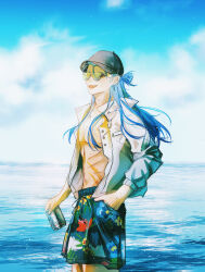 Rule 34 | 1boy, absurdres, beer can, blue hair, blue sky, can, cloud, cloudy sky, cu chulainn (tropical rune summer) (fate), day, drink can, earrings, fate/grand order, fate (series), green-tinted eyewear, hand in pocket, hat, hawaiian clothes, highres, holding, holding can, jacket, jewelry, long hair, long sleeves, male focus, male swimwear, ocean, open clothes, open jacket, open mouth, outdoors, pectorals, red eyes, scar, scar on stomach, sky, smile, solo, swim trunks, tinted eyewear, toned, toned male, water, white jacket, xinjinjumin110227259461