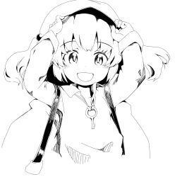 1girl backpack bag blush cactas7 collarbone hair_bobbles hair_ornament hat highres kawashiro_nitori key long_sleeves looking_at_viewer monochrome newsboy_cap open_mouth simple_background smile solo touhou upper_body white_background