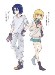 Rule 34 | 1boy, 1girl, amate yuzuriha, amate yuzuriha (cosplay), athrun zala, blonde hair, blue hair, cagalli yula athha, collared shirt, cosplay, full body, gloves, green eyes, gundam, gundam gquuuuuux, gundam seed, highres, holding, holding phone, holding spray can, long sleeves, necktie, pants, phone, school uniform, shiro kunugi, shirt, shoes, short hair, shuji ito, shuji ito (cosplay), simple background, skirt, sweatdrop, sweater, white background, white shirt, yellow eyes