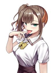 1girl :d blunt_bangs blush bow bowtie breasts brown_hair brown_skirt collared_shirt commentary cowboy_shot earclip eyebrows_hidden_by_hair eyelashes finger_to_tongue green_eyes gyaru hair_between_eyes hand_up highres jewelry kogal large_breasts long_hair looking_at_viewer mizuka_academy_school_uniform multicolored_hair nail_polish open_mouth orange_hair pleated_skirt purple_nails ring saliva school_uniform sesen2000 shiraishi_chika shirt short_sleeves side_ponytail sidelocks simple_background skirt smile solo tenshi_souzou_re-boot! tongue tongue_out tsurime two-tone_hair white_background white_shirt yellow_bow yellow_bowtie