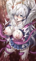 1girl absurdres anastasia_(fate) anastasia_(swimsuit_archer)_(fate) anastasia_(swimsuit_archer)_(third_ascension)_(fate) arms_up bikini bikini_skirt bikini_top_aside blue_bikini blue_eyes blush breasts commentary_request defeat fate/grand_order fate_(series) female_orgasm grey_hair hair_over_one_eye highres jewelry large_breasts long_hair nipple_stimulation nipples orgasm pendant ponytail rape restrained sirano slime_(substance) swimsuit tentacle_pit tentacles tongue tongue_out