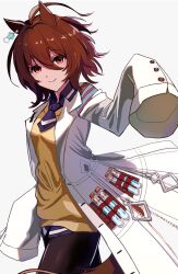 Rule 34 | 1girl, absurdres, agnes tachyon (umamusume), ahoge, animal ears, black pantyhose, blue necktie, blue shirt, brown hair, brown tail, buttons, closed mouth, collared shirt, cowboy shot, earrings, hair between eyes, hand up, highres, horse ears, horse girl, horse tail, jewelry, lab coat, looking at viewer, medium hair, messy hair, necktie, pantyhose, partially unzipped, pen, pirika, red eyes, shirt, short necktie, sidelocks, simple background, single earring, sleeves past fingers, sleeves past wrists, smile, solo, sweater vest, tail, test tube, umamusume, very long sleeves, white background, wide sleeves, yellow sweater vest, zipper, zipper pull tab