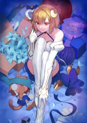 2girls arcueid_brunestud bare_shoulders blonde_hair blue_flower blue_skirt boots box breasts carrying_over_shoulder closed_mouth creature crescent crescent_hair_ornament detached_sleeves dual_persona fate/grand_order fate_(series) flower foot_out_of_frame from_above game_cg gift gift_box gloves hair_ornament halterneck hand_on_own_leg high_heel_boots high_heels holding holding_wand in_box in_container juliet_sleeves knees_up long_sleeves looking_at_viewer looking_up magical_girl miniskirt moon multiple_girls neco-arc neco_spirit official_art open_box phantas-moon puffy_sleeves red_eyes red_moon shirt short_hair single_hair_intake sitting skirt small_breasts smile solo_focus takenashi_eri thigh_boots third-party_source vignetting wand white_boots white_gloves white_shirt white_sleeves