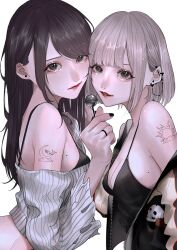 Rule 34 | 2girls, aegyo sal, barbell piercing, bare shoulders, black bra, black camisole, black eyes, black jacket, black nails, bra, breasts, brown hair, camisole, candy, cleavage, closed mouth, commentary request, crescent tattoo, cropped sweater, ear chain, ear piercing, earrings, eyelashes, eyeliner, flower ring, food, from side, glitter makeup, grey background, grey hair, grey sweater, heads together, highres, holding, holding candy, holding food, holding lollipop, jacket, jacket partially removed, jewelry, letterman jacket, linked piercing, lipstick, lollipop, long hair, long sleeves, looking at viewer, makeup, mano aaa, medium breasts, mole, mole on breast, multiple girls, nail polish, off-shoulder sweater, off shoulder, original, parted lips, piercing, red lips, short hair, shoulder tattoo, simple background, single sidelock, stud earrings, sun symbol, sun tattoo, sweater, swept bangs, tan, tattoo, torn clothes, torn sweater, underwear, upper body, whale tattoo, yuri, zipper