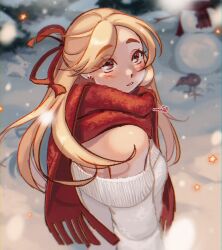 1girl bird blonde_hair blush breasts brown_eyes commentary crow cudlil cudlil_(character) earrings english_commentary floating_hair from_above hair_ribbon highres jewelry long_hair looking_at_viewer looking_up medium_breasts off-shoulder_sweater off_shoulder original parted_lips red_ribbon red_scarf ribbon scarf snow snowman solo star_(symbol) sweater tree white_rabbit_(animal) white_sweater