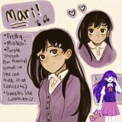 1girl black_hair blush cardigan character_name closed_mouth collared_shirt english_text hair_ornament hairclip heart highres long_hair looking_at_viewer mari_(faraway)_(omori) mari_(headspace)_(omori) mari_(omori) mole mole_under_eye multicolored_hair musical_note official_alternate_costume official_art_inset omori ottie_pops purple_cardigan purple_hair reference_inset shirt smile solo streaked_hair