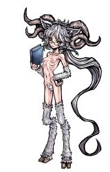 1girl absurdres book breasts commission curled_horns female_pubic_hair full_body glasses grey_hair highres hooves horns long_hair looking_at_viewer low_ponytail monster_girl navel nazo_no_diaboro nipples nude original ponytail pubic_hair ribs simple_background skeb_commission skinny small_breasts solo variant_set very_long_hair white_background yellow_eyes
