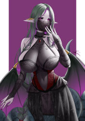 Rule 34 | 1girl, absurdres, black dress, black gloves, black sclera, braid, breasts, bridal gauntlets, clothing cutout, colored sclera, colored skin, covered navel, dress, elbow gloves, gem, gloves, green hair, highres, huge breasts, ichikushi mojibake, lamia, long hair, long pointy ears, looking at viewer, low wings, monster girl, mouth veil, multicolored hair, navel, original, pointy ears, purple background, purple eyes, purple hair, purple skin, red gemstone, sideboob, simple background, single braid, slit pupils, stomach cutout, two-tone background, two-tone hair, variant set, veil, very long hair, white background, wings