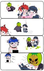 Rule 34 | 1girl, 3boys, 4koma, black hair, blue hair, blush, border, censored, chibi, collarbone, comic, crying, ear piercing, earrings, eyepatch, face piercing, highres, jewelry, lip piercing, male focus, maruko gaku, multiple boys, omokage yugamu, one eye covered, oosuzuki kurara, open mouth, piercing, red hair, simple background, sitting, standing, sumino takumi, the hundred line -last defense academy-, tomato, white background, white border
