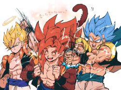 Rule 34 | biceps, blue eyes, blue sash, body fur, dragon ball, dragon ball gt, dragon ball super, dragon ball super broly, gogeta, highres, male focus, metamoran vest, monkey boy, monkey tail, multiple persona, muscular, muscular male, no nipples, pants, pectorals, red hair, relio db318, sash, simple background, smile, spiked hair, super saiyan, super saiyan 1, super saiyan 4, super saiyan blue, tail, veins, veiny hands, white pants