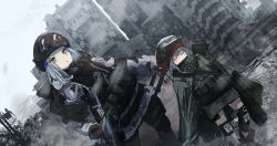 2girls :&lt; absurdres assault_rifle backpack bag blush_stickers boots bullpup camouflage caseless_firearm cityscape closed_eyes commentary_request crossover dutch_angle facial_mark g11_(girls&#039;_frontline) girls&#039;_frontline gloves goggles goggles_on_headwear green_eyes grey_eyes grey_hair gun h&amp;k_g11 h&amp;k_hk416 hair_ornament hat helmet highres hk416_(fang)_(girls&#039;_frontline) hk416_(girls&#039;_frontline) holding holding_gun holding_weapon kilabo knee_pads last_man_battalion long_hair mask military military_uniform multiple_girls official_alternate_costume outdoors red_gloves respirator rifle rogue_division_agent snow snow_camouflage snowing tom_clancy&#039;s_the_division weapon winter_uniform