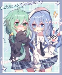 ! !! 2girls alternate_costume black_jacket black_necktie blue_eyes blue_hair blue_skirt blush character_name date_a_live eyepatch green_eyes green_hair hand_puppet hat highres himekawa_yoshino jacket kyouno777 kyouno_natsumi long_hair long_sleeves looking_at_viewer multiple_girls necktie open_mouth puppet school_uniform skirt smile white_hat yoshinon