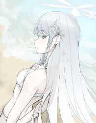 1girl absurdres bikini blue_archive breasts colored_eyelashes from_behind grey_eyes hair_ornament halo highres hyury nagusa_(blue_archive) nagusa_(swimsuit)_(blue_archive) official_alternate_costume small_breasts snowflake_hair_ornament solo swimsuit white_bikini white_eyelashes white_halo