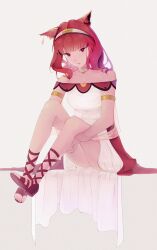1girl absurdres alternate_costume animal_ears cat cat_ears cat_girl celica_(fire_emblem) celica_(valentine)_(fire_emblem) choker cones_(c0_nes) dress earrings fire_emblem fire_emblem_echoes:_shadows_of_valentia highres jewelry long_hair nintendo princess red_eyes red_hair sandals white_dress