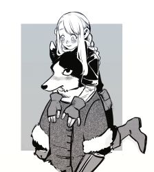 2girls alternate_species arm_guards blush boots braid braided_ponytail carrying clinging coat dog_girl dungeon_meshi fingerless_gloves fur-trimmed_sleeves fur_trim furry furry_female gloves halfling highres izutsumi izutsumi_(kobold) jungujun kobold layered_sleeves long_hair long_sleeves looking_at_another looking_down looking_up marcille_donato marcille_donato_(half-foot) monochrome multiple_girls pants short_over_long_sleeves short_sleeves sidelocks single_braid smile upper_body winter_clothes