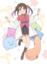 1girl black_hair black_skirt black_socks blush brown_eyes c: coat hair_ornament hair_ribbon hairclip highres kneehighs lab_coat long_sleeves looking_at_viewer mars_symbol multicolored_hair onii-chan_wa_oshimai! open_clothes open_coat oyama_mihari pillow pink_hair pleated_skirt red_ribbon red_shirt ribbon shirt skirt smile socks solo stuffed_toy toreshi_poi twintails white_coat