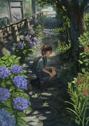 Rule 34 | 1girl, absurdres, anko1127, backpack, bag, blue skirt, bright pupils, brown eyes, brown hair, brown shoes, bush, closed mouth, closed umbrella, collared shirt, commentary request, dappled sunlight, day, dress shirt, expressionless, flower, from side, grey shirt, guard rail, hand on own knee, highres, holding, holding umbrella, hydrangea, jitome, lily (flower), loafers, looking at viewer, looking to the side, original, outdoors, path, pink flower, pleated skirt, purple flower, road, rope fence, scenery, school uniform, shade, shirt, shoes, short hair, short sleeves, skirt, solo, squatting, sunlight, tree, umbrella, white pupils, wide shot