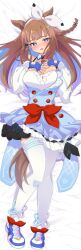 Rule 34 | 1girl, absurdres, almond eye (umamusume), bed, blue eyes, blush, braid, breasts, brown hair, cleavage, collarbone, commentary request, commission, dakimakura (medium), fingerless gloves, fingernails, gloves, hair between eyes, hair ornament, highres, horse girl, long hair, looking at viewer, medium breasts, ren-smk39110, shoes, skeb commission, thighhighs, umamusume, white background