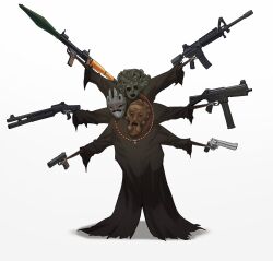 1other black_robe creature dark_souls_(series) dark_souls_i francisco_mon full_body gun handgun highres holding jewelry mask monster multiple_heads necklace pinwheel pinwheel_(dark_souls) rifle robe rocket_launcher rpg_(weapon) shotgun solo standing weapon white_background