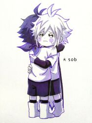 2boys 3: absurdres alternate_universe antenna_hair bandana bandana_around_neck black_bandana black_eyes black_hair black_shirt black_shorts black_socks black_trim boots brothers cape chara_(undertale) child chinese_commentary closed_mouth colored_skin commentary_request crying crying_with_eyes_open film_grain frisk_(undertale) full_body hair_between_eyes hands_on_another&#039;s_back highres hug knee_boots kneehighs layered_sleeves long_sleeves male_focus multiple_boys nishinianshaodehuanxi137 raised_inner_eyebrows shirt short_hair short_over_long_sleeves short_sleeves shorts siblings simple_background socks solid_circle_eyes standing tears undertale white_background white_boots white_cape white_hair white_shirt white_skin xtale