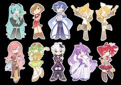 &gt;_&lt; 3boys 6+girls :3 ahoge animal antenna_hair aqua_eyes aqua_hair aqua_necktie aqua_trim arm_behind_back arm_up armband arms_behind_back asymmetrical_sidelocks baguette beads black_armband black_background black_choker black_footwear black_gloves black_jacket black_pants black_sailor_collar black_skirt black_sleeves black_thighhighs blonde_hair blue_eyes blue_footwear blue_hair blue_pants blue_scarf blush_stickers boots bow bread brown_eyes brown_footwear brown_hair choker coat collar collared_shirt commentary crop_top crossed_arms crossed_legs detached_collar detached_sleeves dot_nose drill_hair english_commentary fingerless_gloves fish flower_(vocaloid) flower_(vocaloid4) food frilled_skirt frills frown full_body gloves glowstick goggles goggles_on_head gold_belt gold_footwear gold_trim green_hair green_skirt green_tube_top grey_jacket grey_shirt grey_skirt gumi gumi_(ai_megpoid) hair_beads hair_bow hair_ornament hair_over_one_eye hairpin hakama hakama_pants hand_on_own_hip hands_on_own_hips hatsune_miku headphones headset highres holding holding_animal holding_fish holding_food holding_glowstick holding_ice_cream holding_spoon holding_spring_onion holding_vegetable ice_cream jacket japanese_clothes kagamine_len kagamine_rin kaito_(vocaloid) kaito_(vocaloid3) kamui_gakupo kasane_teto kasane_teto_(sv) katana kimono knee_blush knee_boots lace-up_boots leg_up leg_warmers long_hair long_skirt looking_at_viewer megurine_luka meiko_(vocaloid) meiko_(vocaloid3) midriff miniskirt multicolored_hair multiple_boys multiple_girls multiple_hairpins neckerchief necktie open_clothes open_jacket open_mouth orange_boots orange_jacket orange_skirt outline pants penlight_(glowstick) pink_hair pleated_skirt pointing pointing_at_self ponytail purple_eyes purple_hair purple_vest red-tinted_eyewear red_choker red_eyes red_hair red_shirt red_trim ronnie sailor_collar scarf shirt short_hair short_sleeves side_slit single_detached_sleeve skirt sleeveless sleeveless_jacket sleeveless_shirt smile spiked_hair spoon spring_onion strapless streaked_hair striped_clothes striped_gloves swept_bangs sword synthesizer_v thigh_boots thighhighs tinted_eyewear tube_top tuna twin_drills twintails utau v-shaped_eyebrows vegetable very_long_hair very_short_hair vest vocaloid vocaloid_boxart_pose weapon white_bow white_coat white_collar white_hair white_hakama white_kimono white_outline white_shirt yellow_neckerchief yellow_necktie yellow_trim