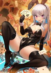 3girls :d ace_(playing_card) ace_of_spades animal_ears arm_support ass bare_shoulders black_footwear black_gloves black_legwear black_leotard bow bowtie breasts card cleavage colored_inner_hair detached_collar dutch_angle elbow_gloves fake_animal_ears gloves greentanuki hairband high_heels highleg highleg_leotard highres holding knee_up large_breasts latex latex_gloves leotard long_hair looking_at_viewer multicolored_hair multiple_girls no_panties open_mouth original pink_eyes playboy_bunny playing_card poker_chip poker_table queen_(playing_card) queen_of_spades_(playing_card) rabbit_ears royal_flush satin shiny_clothes silver_hair sitting skindentation smile smug solo_focus spade_(shape) spread_legs stomach strapless strapless_leotard table thighhighs thighs v-shaped_eyebrows wrist_cuffs