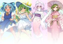 4girls alternate_costume blue_dress blue_eyes bow breasts cherry_blossom_print cirno cleavage commentary_request daiyousei detached_sleeves detached_wings dress floral_print flower gradient_clothes gradient_kimono green_eyes green_hair hair_flower hair_ornament hat hat_bow highres holding holding_umbrella ice ice_wings japanese_clothes kazami_yuuka kimono lapel_pin letty_whiterock medium_breasts multiple_girls parasol pink_flower pink_hair pink_kimono plaid_clothes plaid_sleeves red_eyes sash short_hair short_sleeves simple_background small_breasts sumiyama_sui sundress sunflower tan tanned_cirno touhou umbrella white_dress white_hat white_kimono wings yukata