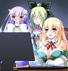 3girls at_computer bare_shoulders blank_eyes blonde_hair blush breasts chair choker cleavage commentary computer computer_keyboard covering_own_eyes d-pad d-pad_hair_ornament doria_(p_f_dolia) dress female_pervert frilled_gloves frills gloves green_dress green_hair hair_ornament hair_ribbon hakozaki_chika happy large_breasts long_hair long_sleeves monitor multiple_girls neckerchief nepgear neptune_(series) open_mouth peeking_through_fingers pervert purple_eyes purple_hair ribbon screen_light simple_background sleeves_past_wrists surprised table vert_(neptunia) white_gloves