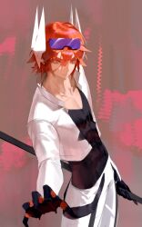 1boy absurdres aotu_world black_gloves black_shirt closed_mouth collarbone cowboy_shot cropped_jacket eyewear_on_head gloves goggles goggles_on_head hair_between_eyes headgear highres holding holding_polearm holding_weapon jacket long_sleeves looking_at_viewer male_focus open_clothes pants pectoral_cleavage pectorals pius_(aotu_world) pointy_ears polearm red_eyes red_hair scar scar_on_face shirt short_hair skin_tight solo standing v-neck waterrice11 weapon white_jacket white_pants