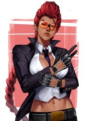 1girl adjusting_clothes adjusting_gloves belt black_gloves braid crimson_viper dark-skinned_female dark_skin ear_piercing gloves highres jacket looking_at_viewer midriff_peek navel necktie open_clothes open_jacket piercing red_hair solo street_fighter zoeragez