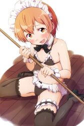 1girl bikini black_bikini black_bow black_bowtie black_shoes black_thighhighs blush bow bowtie detached_collar floor frilled_bikini frilled_thigh_strap frilled_wrist_cuffs frills high_heels highres holding holding_stick hoshizora_rin looking_at_viewer love_live! love_live!_school_idol_project maid maid_bikini maid_headdress on_floor open_mouth orange_hair sen_(sen0910) shoes short_hair sitting solo spread_legs stick sweatdrop swimsuit thigh_strap thighhighs unconventional_maid white_headdress white_wrist_cuffs wooden_floor wrist_cuffs yellow_eyes