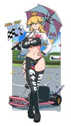 1girl absurdres alternate_breast_size artist_name bilingual_text black_gloves black_leggings black_sports_bra blonde_hair blue_eyes blue_gemstone blurry blurry_background blush border breasts cleavage cleavage_cutout clothes_writing clothing_cutout confetti copyright_name crossed_legs crotch_zipper crown dated day english_text female_focus fingerless_gloves gem gloves go-kart grin groin hair_flaps hand_on_own_hip hand_up happy highres holding holding_umbrella in-universe_location japanese_text large_breasts leggings long_hair long_sleeves looking_at_viewer mario_(series) mario_kart mario_kart_64 midriff mini_crown mixed-language_text navel nintendo omura_zojiki one_eye_closed outdoors outline outside_border over_shoulder princess_peach red_gemstone shrug_(clothing) side_cutout sidelocks signature skindentation smile solo sports_bra stomach teeth umbrella watson_cross white_border white_outline white_shrug wink yellow_crown zipper zipper_pull_tab
