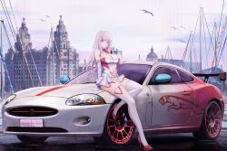 Rule 34 | 1girl, absurdres, alternate costume, arm support, azur lane, bare shoulders, bird, blue scrunchie, blunt bangs, breasts, car, cleavage, closed mouth, clothing cutout, cloud, collarbone, commentary, country connection, day, detached collar, elbow gloves, england, full body, gloves, hair ornament, high heels, highres, holding, jaguar (car), jaguar xkr-s, kcar66t, large breasts, leotard, liverpool, long hair, looking at viewer, motor vehicle, navel, navel cutout, necktie, on car, outdoors, plymouth (azur lane), product placement, purple eyes, purple hair, race queen, real world location, red necktie, red shoes, revision, royal liver building, scrunchie, shoes, short necktie, showgirl skirt, sitting, skindentation, smile, solo, sports car, strapless, strapless leotard, thighhighs, united kingdom, wariza, white gloves, white leotard, white thighhighs, wrist scrunchie