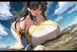 Rule 34 | all fours, ass, black hair, breast expansion, breasts, choker, city, cleavage, cloud, destruction, dress, earrings, fate/grand order, fate (series), giant, giantess, hand on own chest, height growth, huge breasts, ishtar (fate), jewelry, long hair, looking down, nz (pixiv 42470631), red eyes, sky, thighhighs, tohsaka rin, very long hair