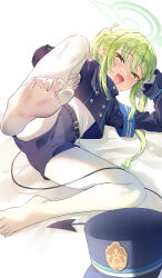1girl absurdres armband black_hat black_jacket black_shorts black_tail blue_archive blush commentary demon_girl demon_tail fang feet foot_focus gamum gloves green_hair halo hat head_rest highres huge_filesize jacket loli lying nozomi_(blue_archive) on_side pantyhose peaked_cap pointy_ears shorts simple_background skin_fang smug soles solo spread_legs tail white_background white_gloves white_pantyhose yellow_eyes