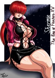 1girl breasts cleavage_cutout clothing_cutout curvy dress female_focus fishnets fluffy highres huge_breasts jacket large_breasts long_hair no_bra pale_skin ponytail red_hair rodriguesd-marcelo shermie_(kof) shiny_clothes shiny_skin sitting skirt the_king_of_fighters thick_thighs thighs twintails wide_hips