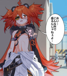 2boys 2girls animal_ear_hairband animal_ears bear_ear_hairband bear_ears black_hair blush breasts breasts_out clothes_lift disembodied_hand embarrassed eyepatch grace_howard hard_hat helmet japanese_text kobanzameexples koleda_belobog loli matching_hair/eyes multiple_boys multiple_girls nipples one_eye_covered red_eyes red_hair shirt_lift small_breasts twintails zenless_zone_zero