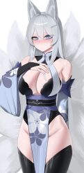 1girl absurdres animal_ears bare_shoulders black_leotard black_thighhighs blue_eyes breasts bridal_gauntlets cleavage commentary_request commission cowboy_shot detached_sleeves fox_ears fox_tail grey_hair hair_ornament hairclip hand_on_own_chest highleg highleg_leotard highres kitsune korean_commentary lambdamax large_breasts leotard long_hair long_sleeves looking_at_viewer multiple_tails obi original pelvic_curtain sash solo standing tail thighhighs thighs wide_sleeves