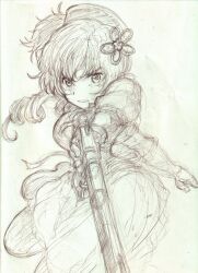 1girl aiming aiming_at_viewer graphite_(medium) grey_outline greyscale gun holding holding_gun holding_weapon kneeling magical_girl magical_musket mahou_shoujo_madoka_magica monochrome outline solo tomoe_mami traditional_media ura47869454 weapon white_background
