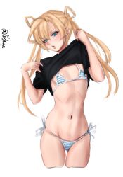 1girl abukuma_(kancolle) bikini black_shirt blonde_hair blue_bikini blue_eyes clothes_lift cowboy_shot double_bun gluteal_fold hair_bun hair_rings highres kantai_collection lifting_own_clothes lilshigu lips long_hair looking_at_viewer navel one-hour_drawing_challenge open_mouth shirt shirt_lift side-tie_bikini_bottom simple_background solo striped_bikini striped_clothes swimsuit thigh_gap twintails twitter_username white_background