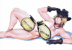 1girl armpits artist_name belt blonde_hair blue_eyes breasts brown_gloves censored championship_belt commission completely_nude cowgirl_(western) dated dead_or_alive gloves horseshoe_necklace jewelry keigi large_breasts lips looking_at_viewer lying navel necklace nose nostrils nude on_side parted_lips short_hair simple_background solo stomach thick_thighs thighs tina_armstrong white_background