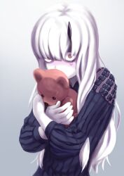 1girl absurdres bags_under_eyes black_dress dress fate/grand_order fate_(series) highres horns lavinia_whateley_(fate) long_hair pale_skin red_eyes rico_(maikubakaa) single_horn solo stuffed_animal stuffed_toy tearing_up teddy_bear upper_body white_hair wide-eyed