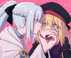 Rule 34 | 2girls, artoria caster (fate), artoria caster (second ascension) (fate), artoria pendragon (fate), blonde hair, blue eyes, blush, braid, cloak, fate/grand order, fate (series), green eyes, grey hair, hair ribbon, hat, hood, hooded jacket, hwanm fate, jacket, kiss, kissing cheek, long hair, looking at another, morgan le fay (fate), morgan le fay (second ascension) (fate), multiple girls, open mouth, ponytail, ribbon, upper body, yuri