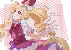 Rule 34 | 1girl, absurdres, aisaki emiru, blonde hair, boots, border, bow, bowtie, brown boots, commentary request, corset, cowboy shot, cure macherie, diamond brooch, dress, drill hair, earrings, frilled dress, frilled headwear, frilled sleeves, frills, fur hat, gloves, grin, hand on own cheek, hand on own face, hat, hat bow, highres, hugtto! precure, jewelry, large earrings, light blush, lipstick, long hair, looking at viewer, magical girl, makeup, mascara, mini hat, outside border, outstretched hand, pink dress, pink lips, pom pom (clothes), pom pom earrings, precure, puffy short sleeves, puffy sleeves, purple bow, red bow, red bowtie, red corset, red eyes, shipu (gassyumaron), short dress, short sleeves, smile, solo, train (clothing), translation request, twin drills, twintails, very long hair, waist bow, white border, white gloves, white hat, white sleeves, yellow brooch
